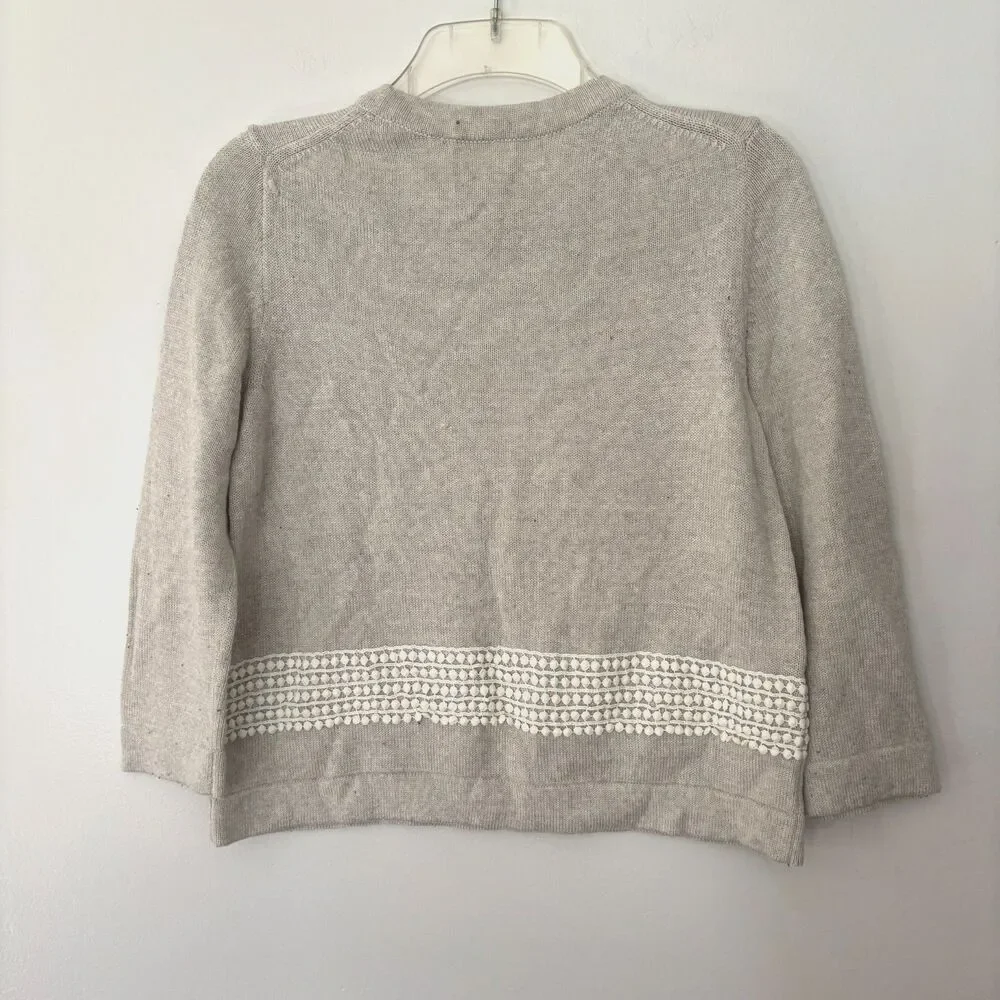 J.Crew Women S Oatmeal Merino Wool Blend Cropped Sweater Crochet Lace Trim #22